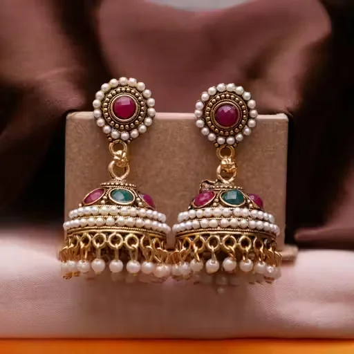 Traditional Ethnic Pearl Embedded Gold Plated Oxidized Jhumka Earrings for Women & Girls Wedding Festival Bridal Daily Wear Stylish Fashion Jewellery image 2