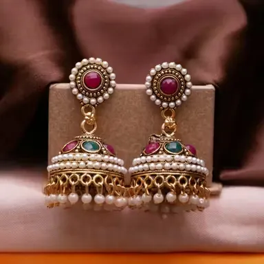 Traditional Ethnic Pearl Embedded Gold Plated Oxidized Jhumka Earrings for Women & Girls Wedding Festival Bridal Daily Wear Stylish Fashion Jewellery thumbnail 1