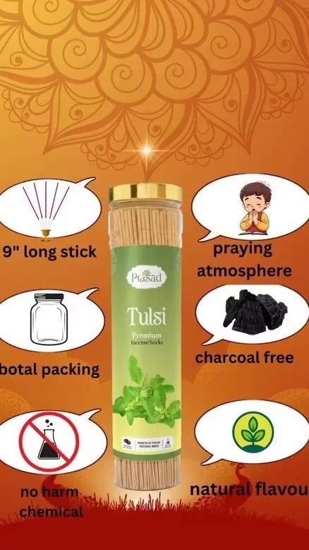 Prasad Tulsi Premium Incense Sticks Holy Basil Fragrance Agarbatti for Pooja Prayer Meditation Temple Long Burning Natural Tulsi Aroma Puja Samagri image 3