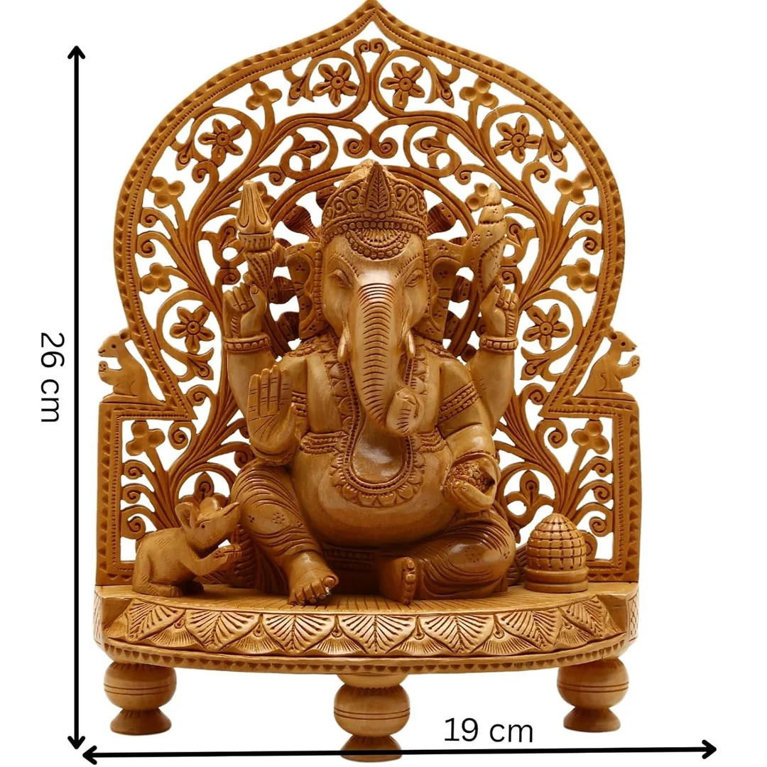 Hand Carved Wooden Lord Ganesha Idol Decorative Arch Frame Temple Statue Natural Wood Ganpati Murti for Home Temple Pooja Room Vastu Decor Spiritual Gift image 2