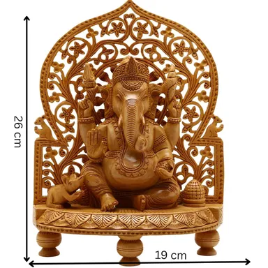 Hand Carved Wooden Lord Ganesha Idol Decorative Arch Frame Temple Statue Natural Wood Ganpati Murti for Home Temple Pooja Room Vastu Decor Spiritual Gift thumbnail 1