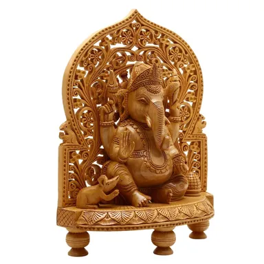 Hand Carved Wooden Lord Ganesha Idol Decorative Arch Frame Temple Statue Natural Wood Ganpati Murti for Home Temple Pooja Room Vastu Decor Spiritual Gift thumbnail 2