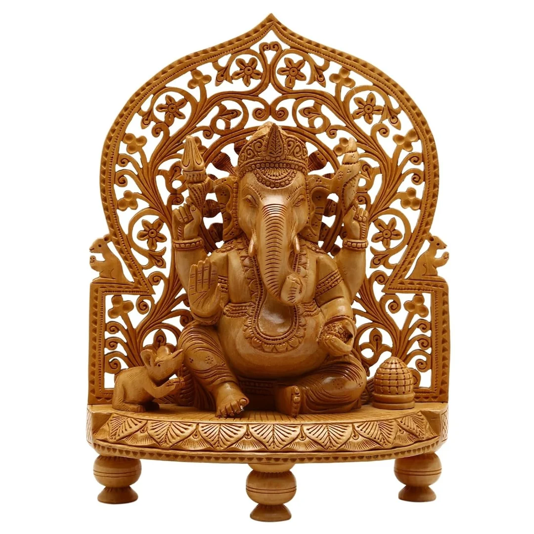 Hand Carved Wooden Lord Ganesha Idol Decorative Arch Frame Temple Statue Natural Wood Ganpati Murti for Home Temple Pooja Room Vastu Decor Spiritual Gift image 1