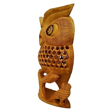 Hand Carved Wooden Owl Statue Decorative Home Decor Showpiece Natural Wood Owl Sculpture Handmade Owl Figurine Tabletop Decoration Lucky Owl Idol Vastu Owl Gift thumbnail 2