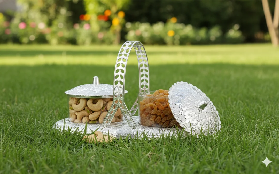 Silver Coated Plastic Dry Fruit Serving Tray with 2 Containers & Lid | Decorative Snack Serving Box for Kaju, Badam & Festive Gifting image 3
