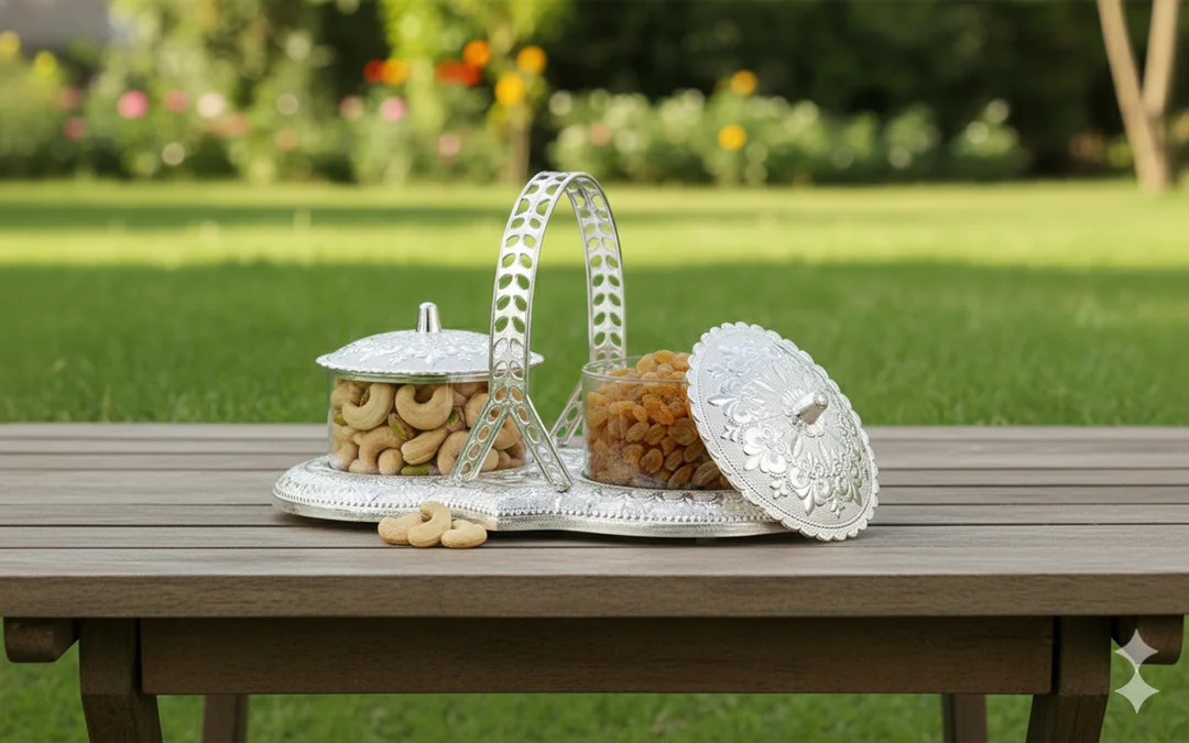 Silver Coated Plastic Dry Fruit Serving Tray with 2 Containers & Lid | Decorative Snack Serving Box for Kaju, Badam & Festive Gifting image 1