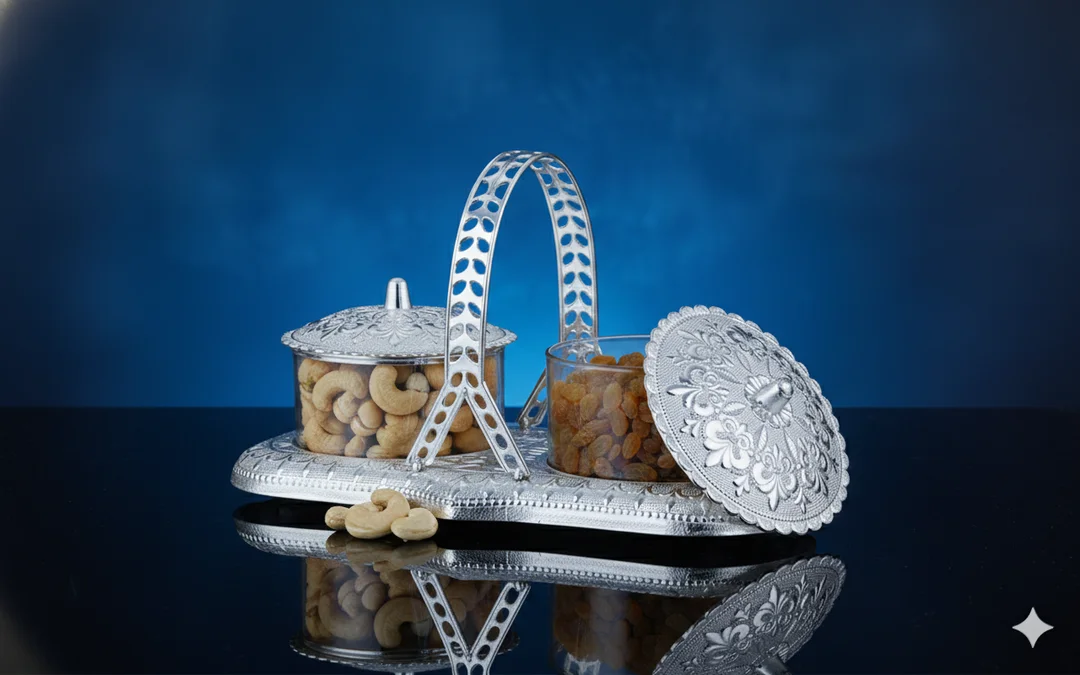 Silver Coated Plastic Dry Fruit Serving Set – Decorative Snack Tray with 2 Bowls & Lid for Festive Gifting image 2