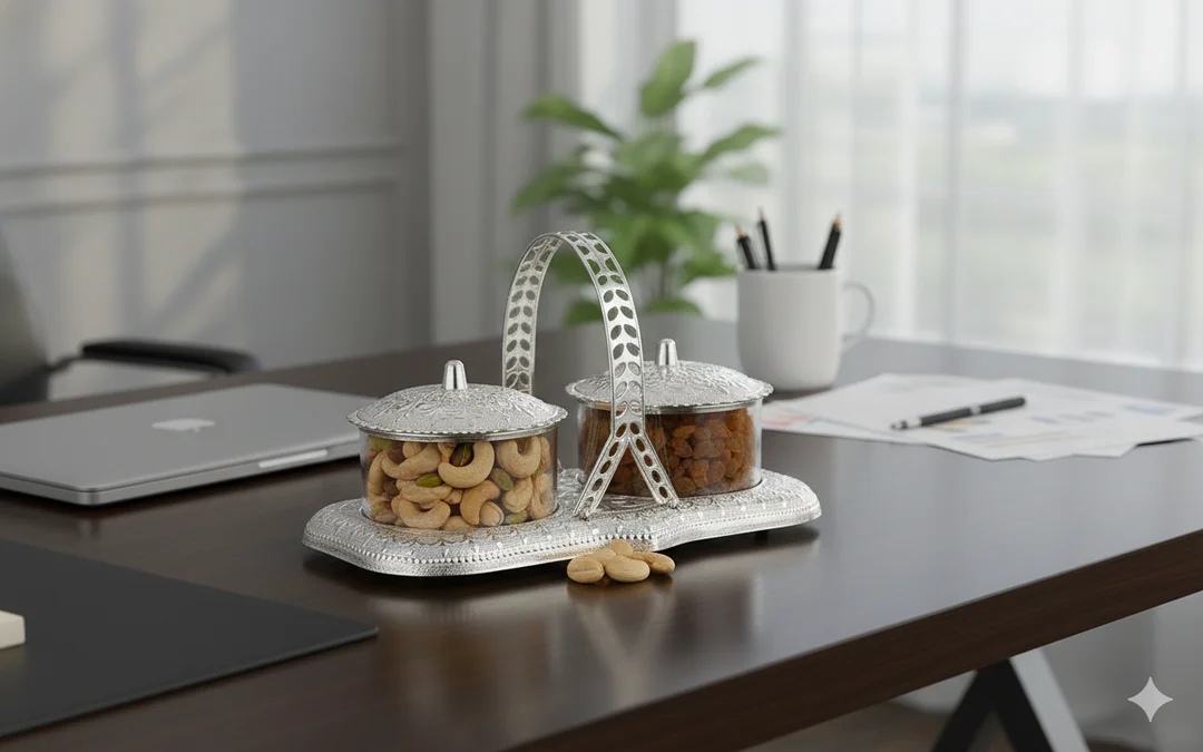 Silver Coated Plastic Dry Fruit Container Tray – Double Bowl Snack Organizer with Lid & Handle for Guest Serving image 2