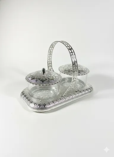 Silver Coated Plastic Dry Fruit Container Tray – Double Bowl Snack Organizer with Lid & Handle for Guest Serving thumbnail 3