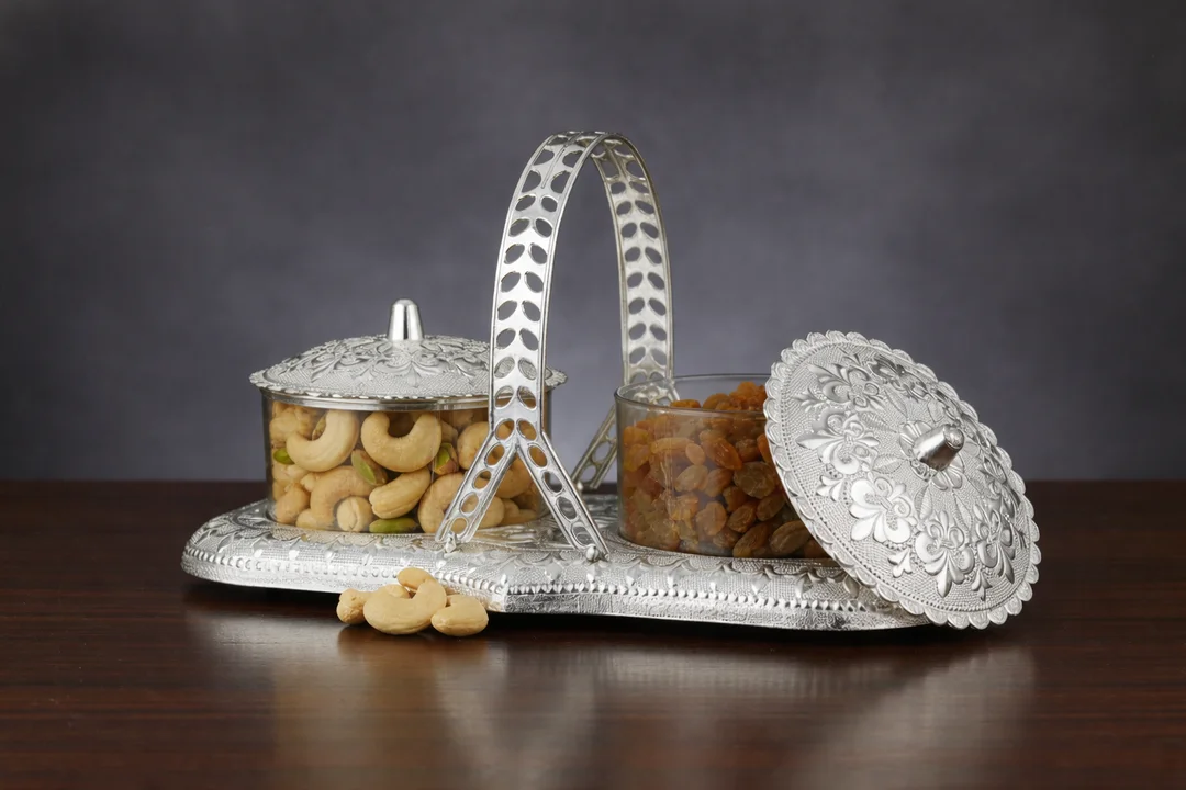 Silver Coated Plastic Dry Fruit Container Tray – Double Bowl Snack Organizer with Lid & Handle for Guest Serving image 1
