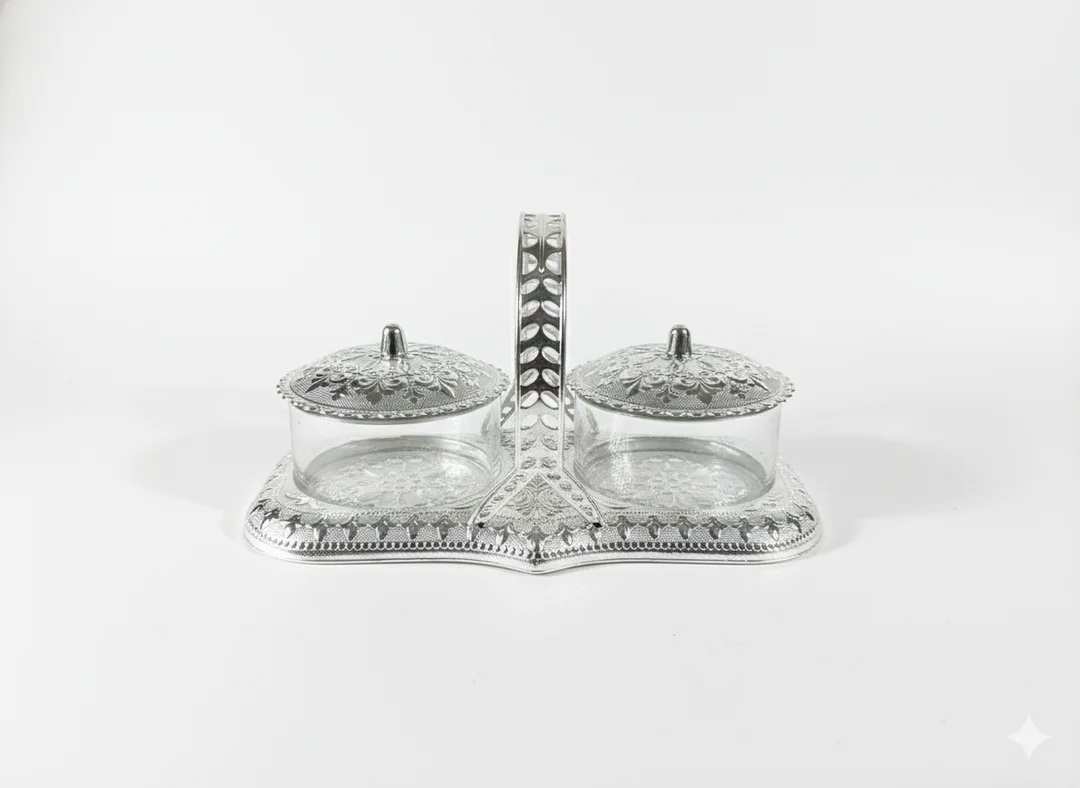 Decorative Silver Coated Plastic Dry Fruit Tray Set with Lid | Double Bowl Snack Serving Box for Home & Festival image 3