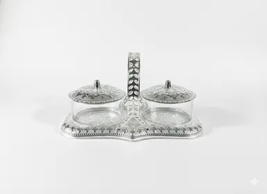Decorative Silver Coated Plastic Dry Fruit Tray Set with Lid | Double Bowl Snack Serving Box for Home & Festival thumbnail 2