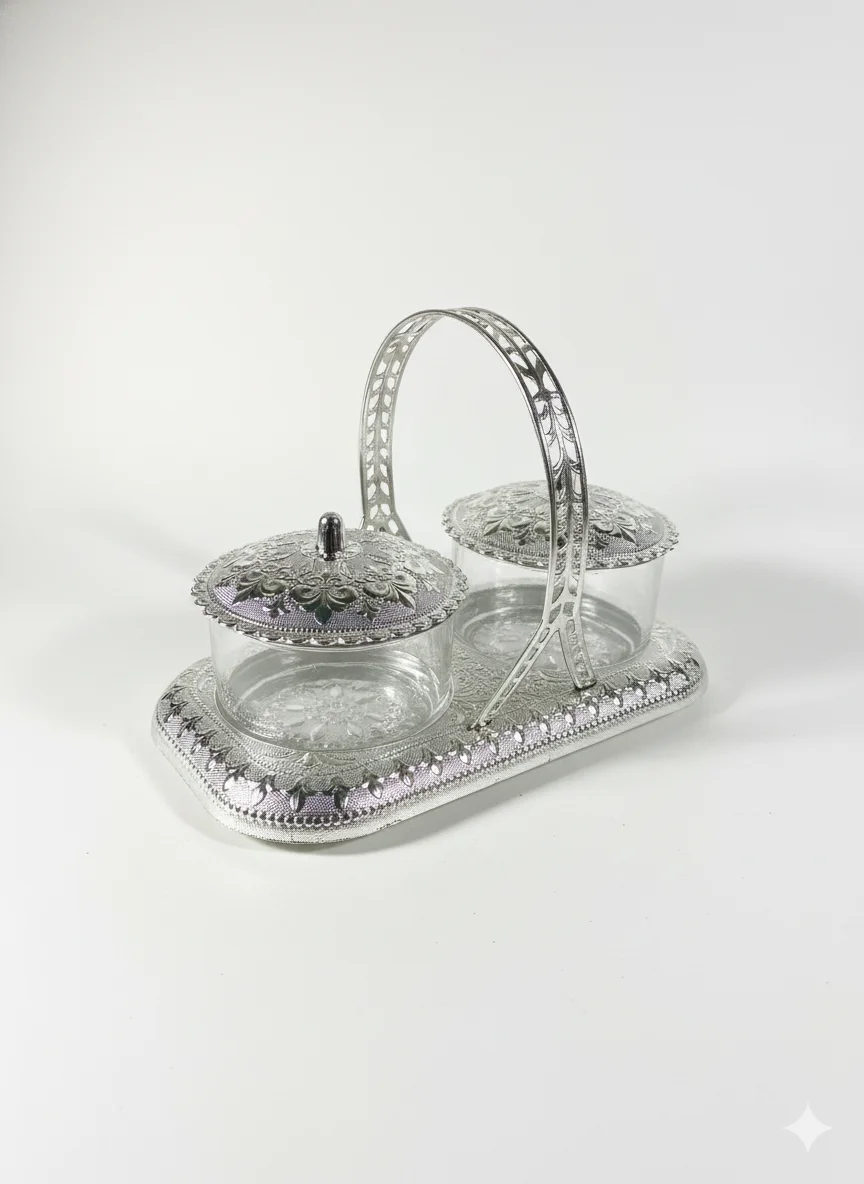 Decorative Silver Coated Plastic Dry Fruit Tray Set with Lid | Double Bowl Snack Serving Box for Home & Festival image 4