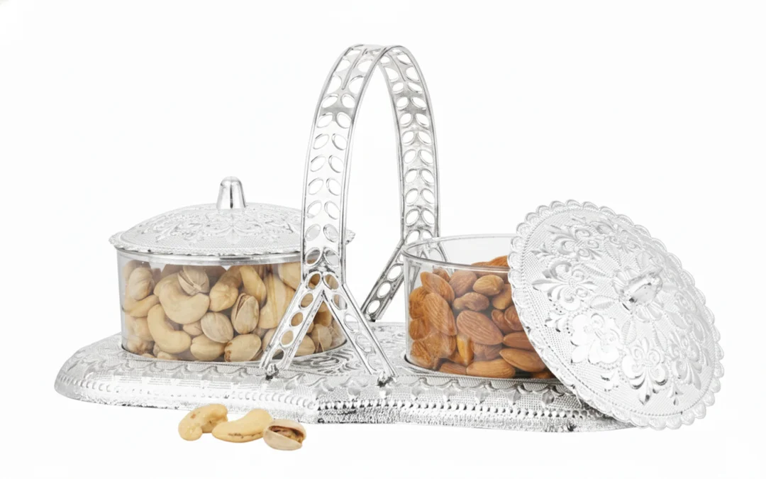 Decorative Silver Coated Plastic Dry Fruit Tray Set with Lid | Double Bowl Snack Serving Box for Home & Festival image 1