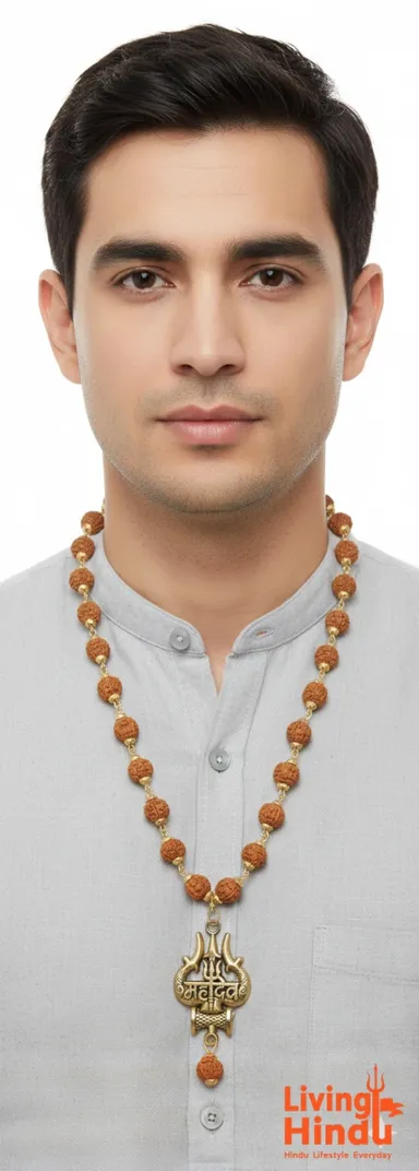 Traditional Panchmukhi Rudraksha Mala with Gold Plated Trishul Mahadev Pendant and Damru Detail thumbnail 1