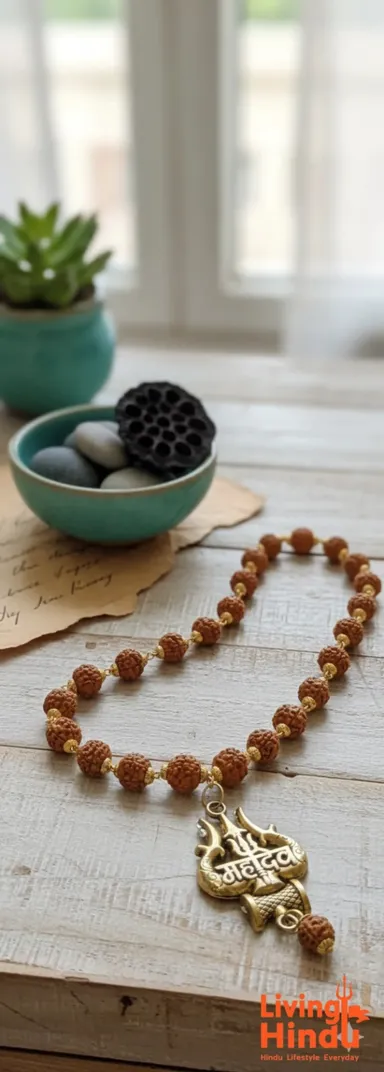 Traditional Panchmukhi Rudraksha Mala with Gold Plated Trishul Mahadev Pendant and Damru Detail thumbnail 2