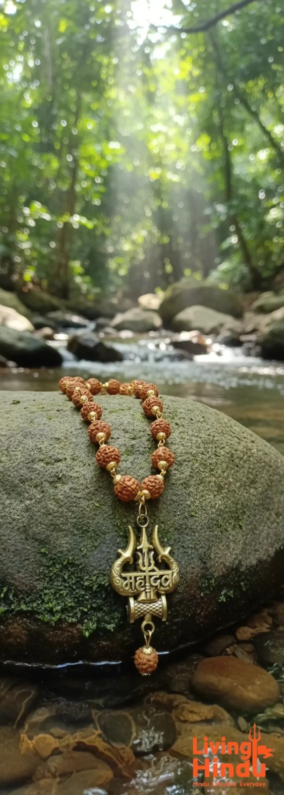 Traditional Panchmukhi Rudraksha Mala with Gold Plated Trishul Mahadev Pendant and Damru Detail image 1