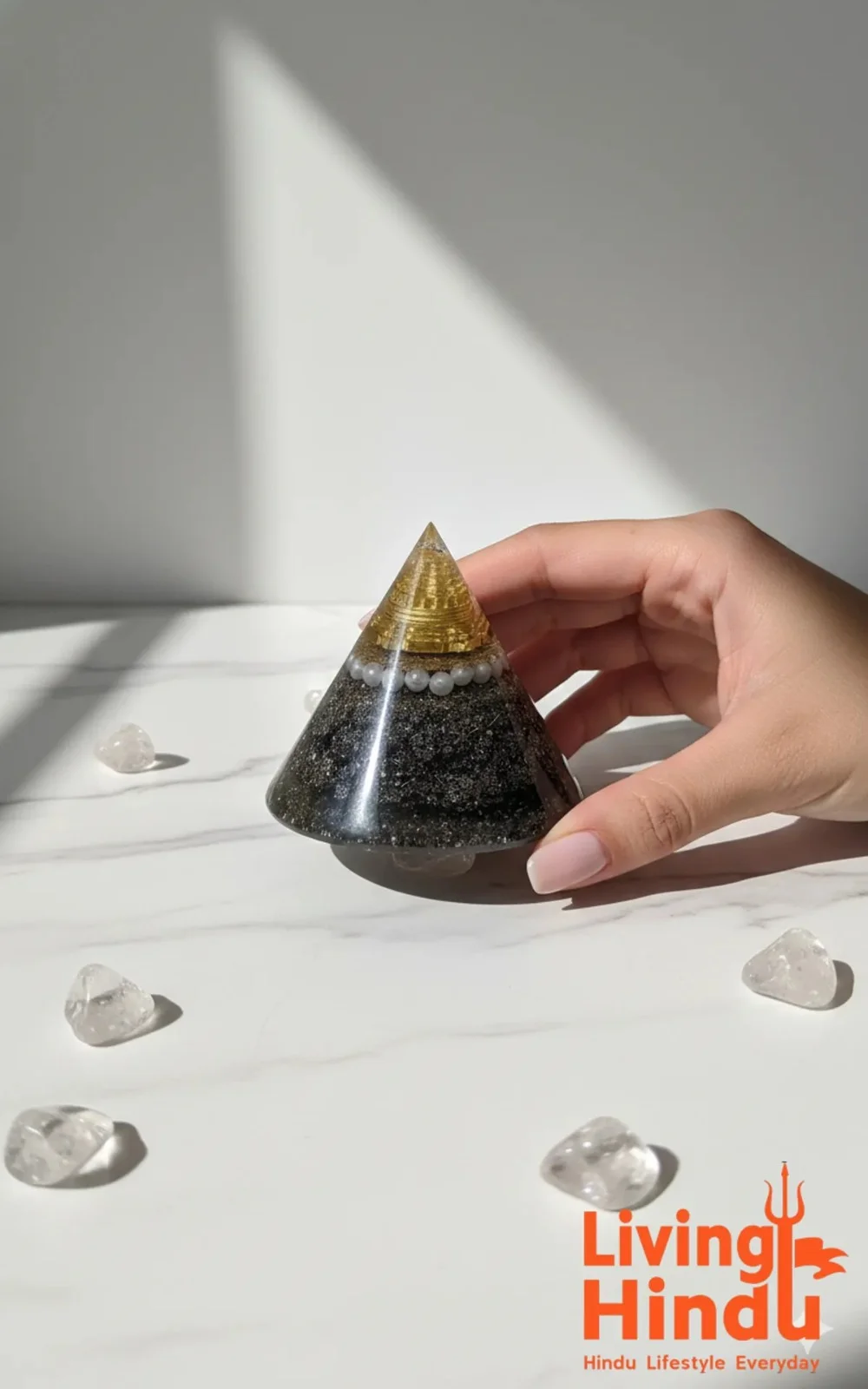 Living Hindu Orgone Energy Pyramid Crystal with Natural Stone Base, Pearl Accents, Spiritual Protection Feng Shui Meditation Healing Decor for Home Wellness & Chakra Balance image 2
