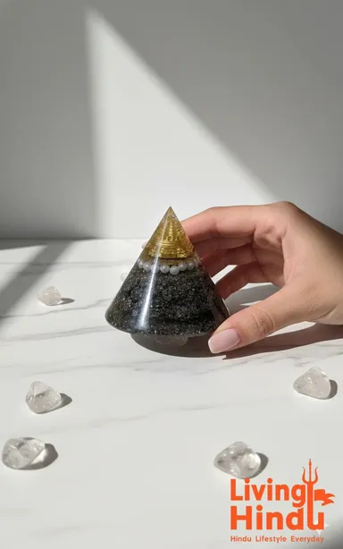 Living Hindu Orgone Energy Pyramid Crystal with Natural Stone Base, Pearl Accents, Spiritual Protection Feng Shui Meditation Healing Decor for Home Wellness & Chakra Balance thumbnail 1