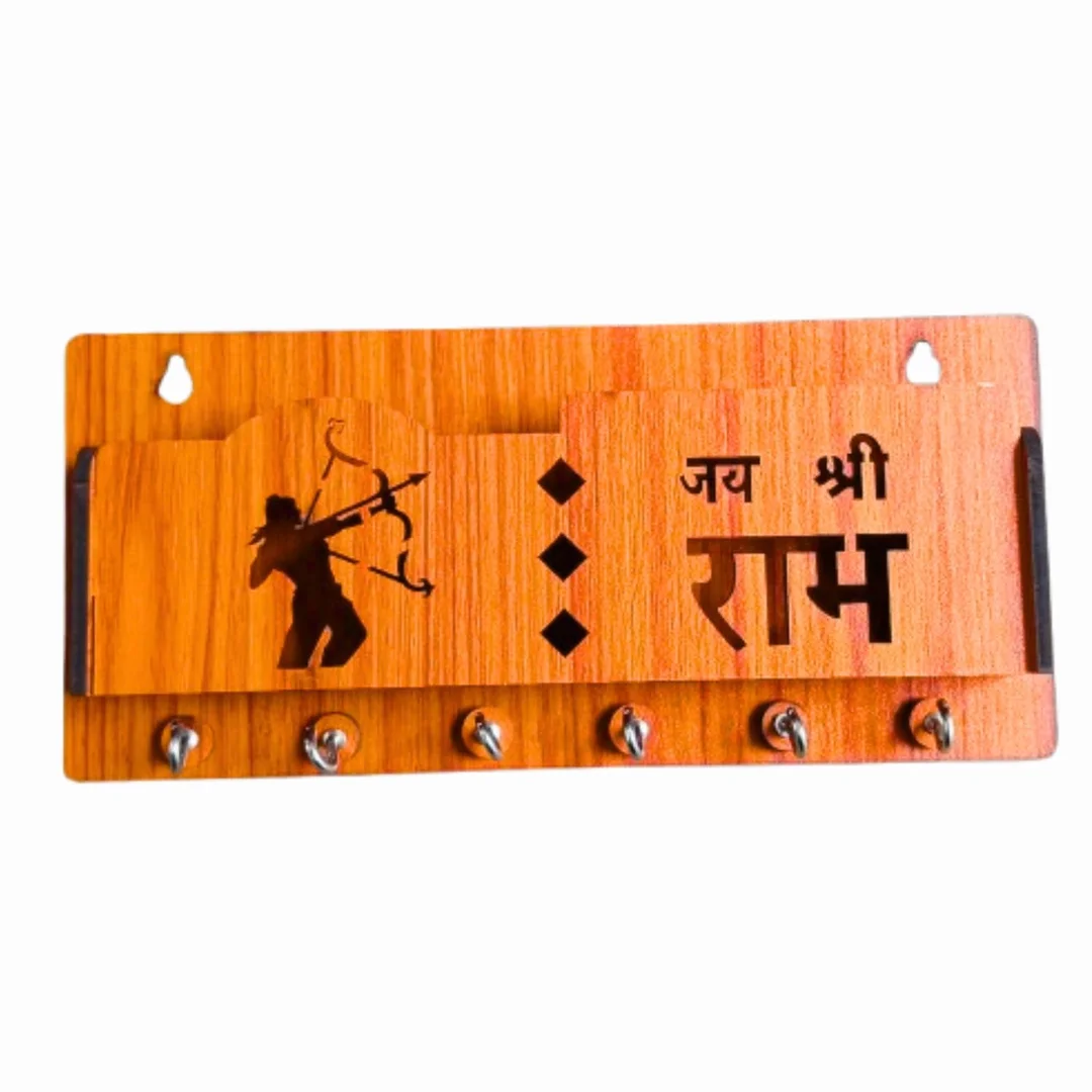 Wooden 3D Shape Engraving Desing Jay Shree Ram Hanuman 6 Hook Keyholder Three in 1 Funtion Keystand image 2