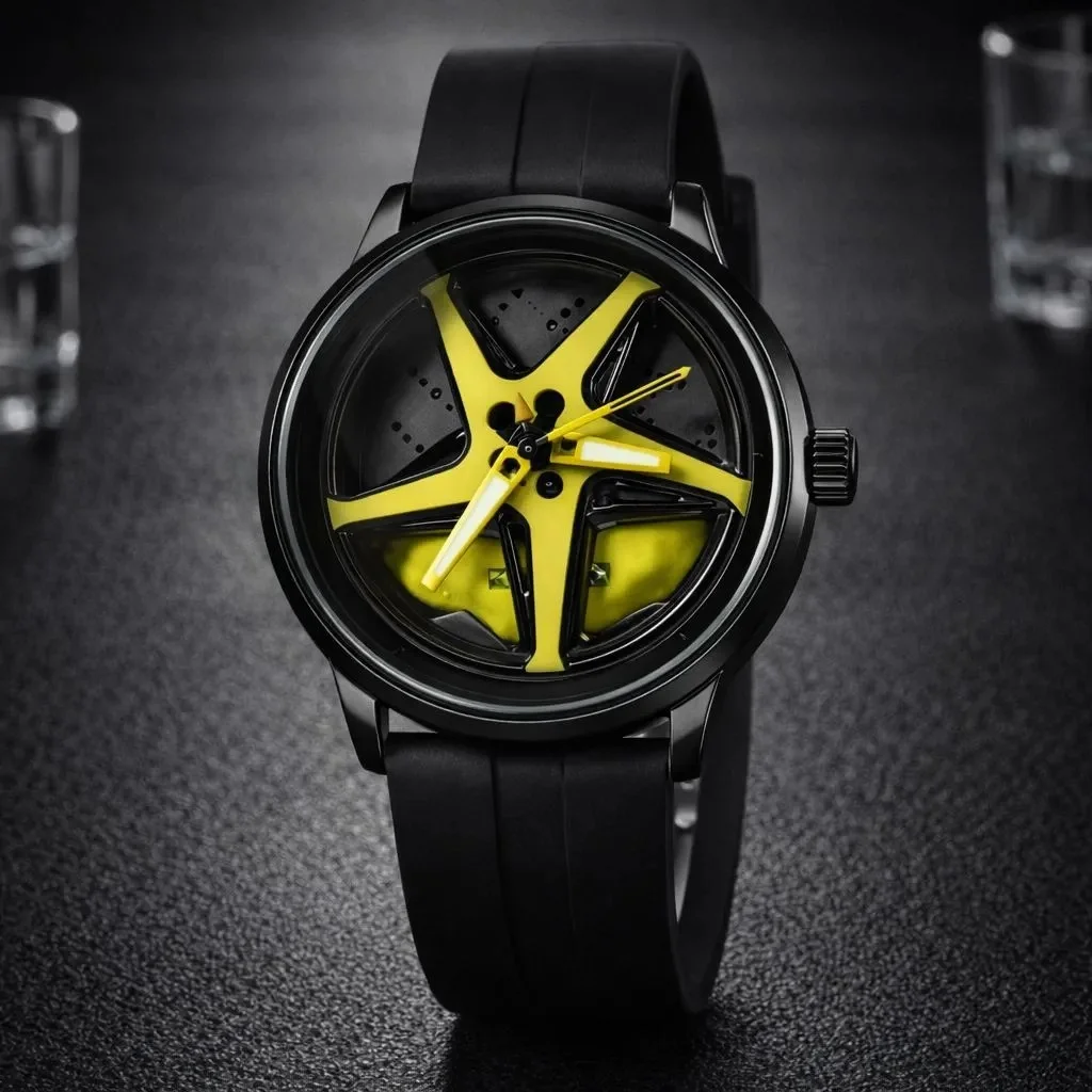 Speed Aura Rotating Wheel Dial Watch for Men Black Silicone Strap Sports Car Rim Design Analog Fashion Wrist Watch Luxury Stylish Casual Boys Mens Watch Yellow Black Dial image 1