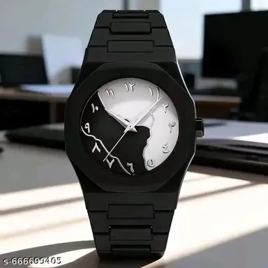 Midnight Dual Tone Black Steel Analog Wrist Watch for Men Luxury Minimal Designer Dial Stainless Steel Strap Fashion Quartz Watch Waterproof Stylish Office Casual Watch thumbnail 1