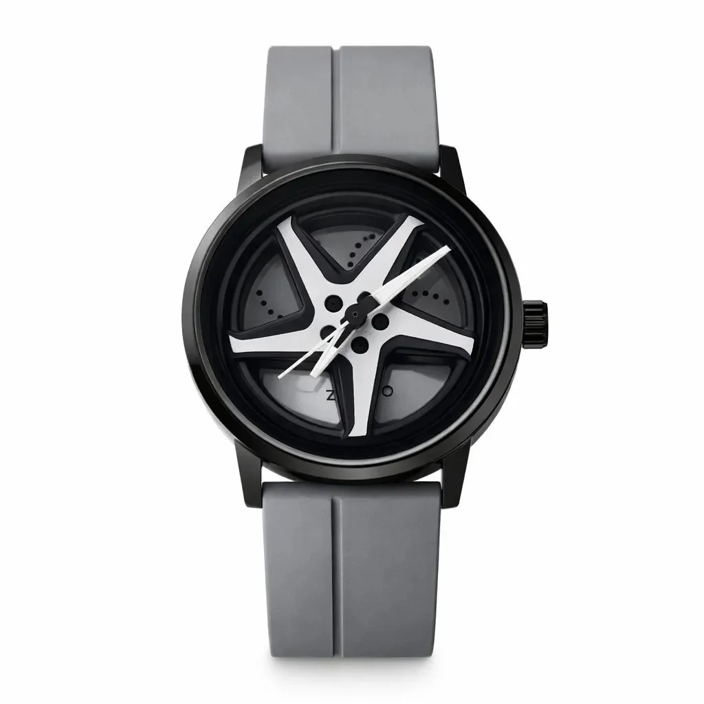 Rolling Wheel Dial Designer Wrist Watch for Men Grey Silicone Strap Luxury Car Rim Style Analog Watch Premium Fashion Sports Casual Statement Watch image 1