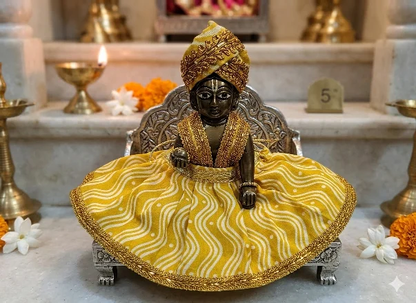 Laddu Gopal Frill Dress With Turban Suitable for 3 No. Size | 100% Cotton | Handmade Krishna Dress | Yellow Color image 2