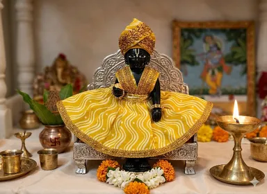 Laddu Gopal Frill Dress With Turban Suitable for 3 No. Size | 100% Cotton | Handmade Krishna Dress | Yellow Color thumbnail 2