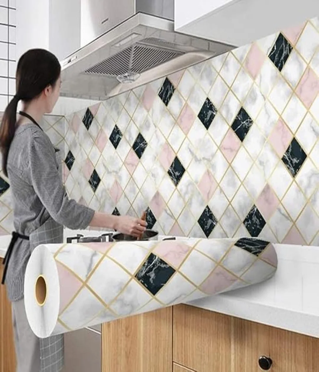 Self Adhesive Marble Mosaic Wall Sticker Tiles for Kitchen Backsplash Bathroom Wall Countertop Table Top Waterproof Oil Proof Peel and Stick PVC Tile Sheet Black Pink White Diamond Pattern image 1