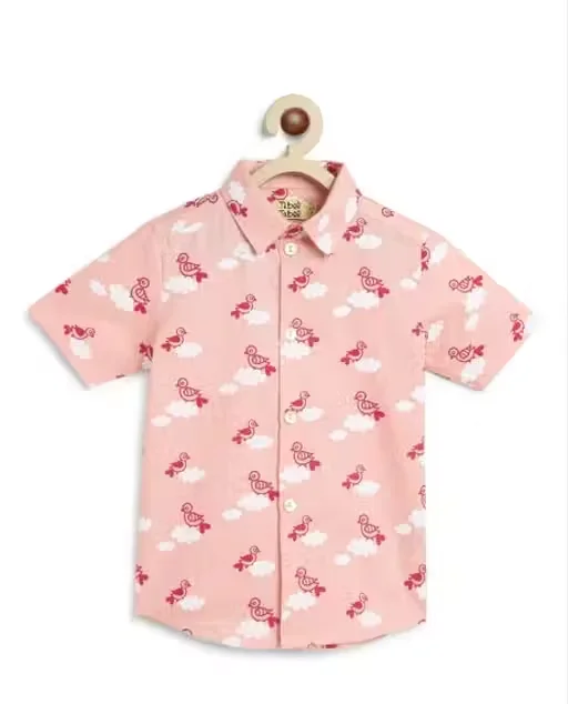 Kids Boys Peach Bird Print Cotton Half Sleeve Casual Shirt Summer Breathable Button Down Children Party Wear Stylish Printed Shirt for Boys Age 2–8 Years Kids Boys Peach Bird Print Cotton Half Sleeve Casual Shirt Summer Breathable Button Down Children P image 1