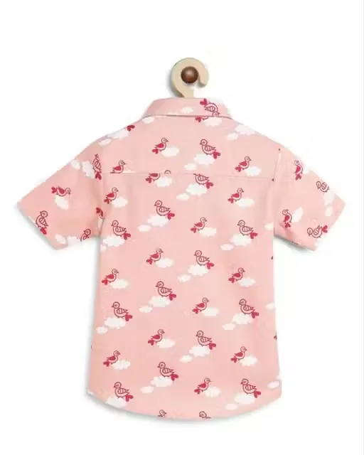Kids Boys Peach Bird Print Cotton Half Sleeve Casual Shirt Summer Breathable Button Down Children Party Wear Stylish Printed Shirt for Boys Age 2–8 Years Kids Boys Peach Bird Print Cotton Half Sleeve Casual Shirt Summer Breathable Button Down Children P image 2