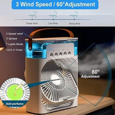 Portable Air Cooler Fan with Water Tank Humidifier LED Night Light USB Rechargeable Mini Air Conditioner Fan Personal Desk Cooling Fan for Home Office Travel Camping thumbnail 3