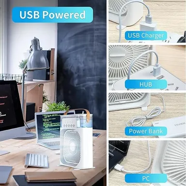 Portable Air Cooler Fan with Water Tank Humidifier LED Night Light USB Rechargeable Mini Air Conditioner Fan Personal Desk Cooling Fan for Home Office Travel Camping thumbnail 4
