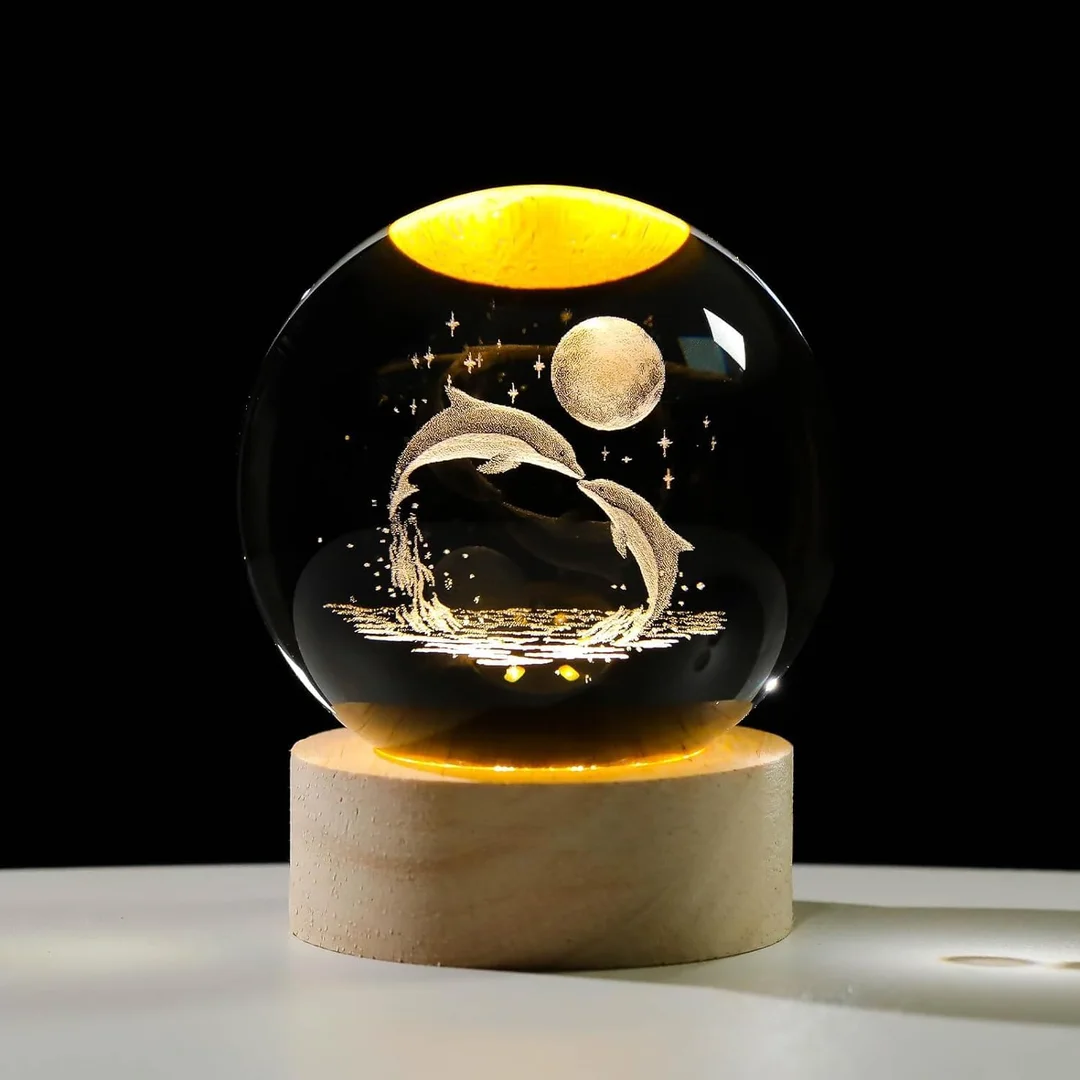 3D Dolphin Crystal Ball LED Night Lamp with Wooden Base USB Powered K9 Crystal Glass Sphere Moon Ocean Engraved Decorative Bedside Night Light Gift for Bedroom Desk Home Decor image 1