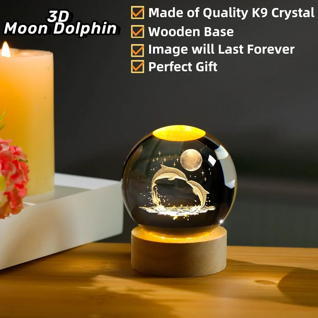 3D Dolphin Crystal Ball LED Night Lamp with Wooden Base USB Powered K9 Crystal Glass Sphere Moon Ocean Engraved Decorative Bedside Night Light Gift for Bedroom Desk Home Decor image 2