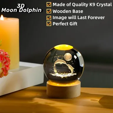 3D Dolphin Crystal Ball LED Night Lamp with Wooden Base USB Powered K9 Crystal Glass Sphere Moon Ocean Engraved Decorative Bedside Night Light Gift for Bedroom Desk Home Decor thumbnail 1