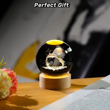 3D Dolphin Crystal Ball LED Night Lamp with Wooden Base USB Powered K9 Crystal Glass Sphere Moon Ocean Engraved Decorative Bedside Night Light Gift for Bedroom Desk Home Decor thumbnail 2