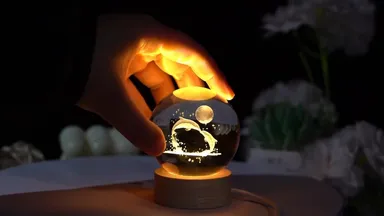 3D Dolphin Crystal Ball LED Night Lamp with Wooden Base USB Powered K9 Crystal Glass Sphere Moon Ocean Engraved Decorative Bedside Night Light Gift for Bedroom Desk Home Decor thumbnail 4