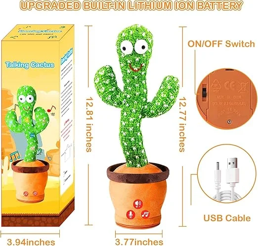 USB Rechargeable Dancing Cactus Toy with LED Lights Music Talking Mimic Plush Interactive Singing Cactus Toy for Kids Babies Toddlers Funny Educational Talking Toy Plant image 2