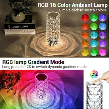 Crystal RGB LED Diamond Cut Table Lamp with Remote Control Touch Sensor Rechargeable USB Night Lamp Multicolour Ambient Bedroom Bedside Decorative Mood Light thumbnail 1