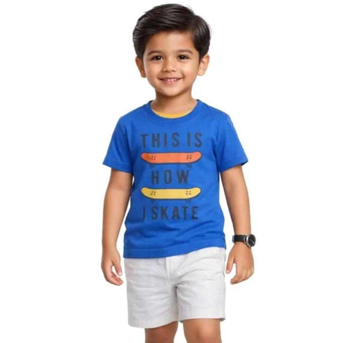 Boys Blue Graphic Printed Cotton T Shirt for Kids Casual Summer Half Sleeve Soft Breathable Round Neck Playwear Daily Wear Toddler Boys T Shirt image 1