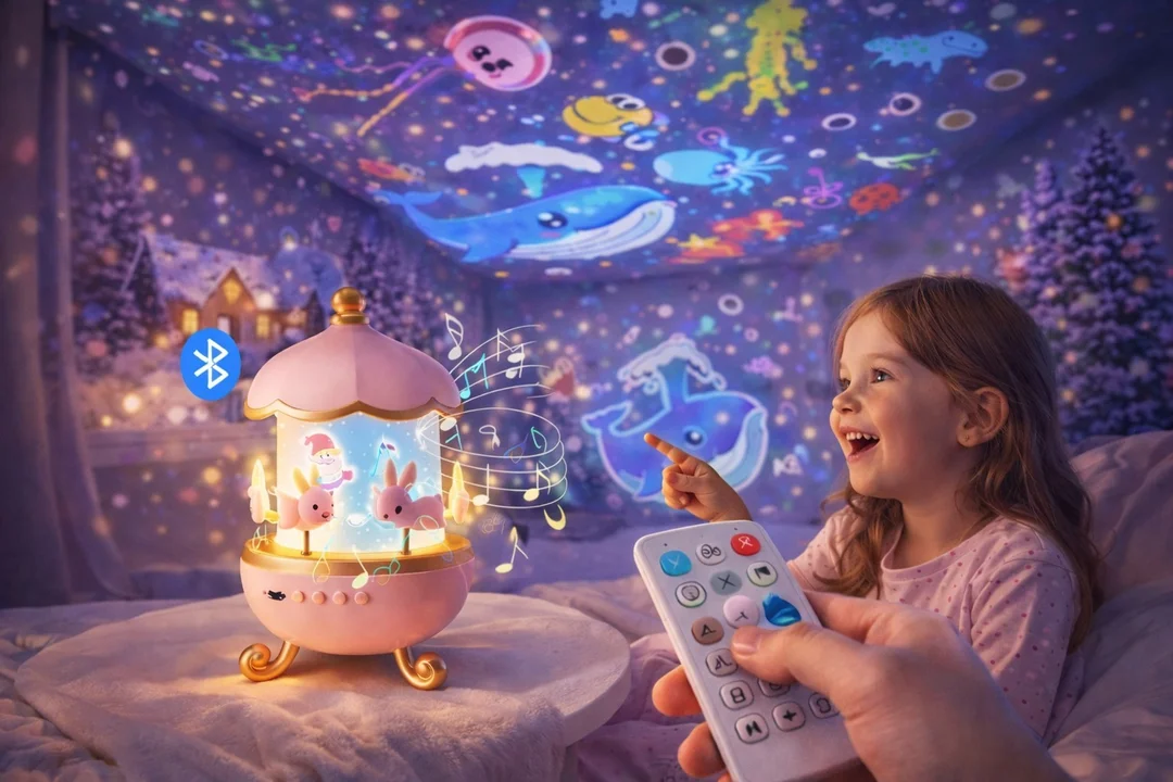 Bunny Carousel Night Light Projector Lamp for Kids | 360° Rotatable LED Cabin Night Lamp with 6 Film Shades | USB Powered Cute Bunny Design Bedside Lamp for Babies, Children, Girls, Nursery & Bedroom Decor image 2