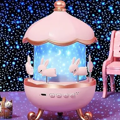 Bunny Carousel Night Light Projector Lamp for Kids | 360° Rotatable LED Cabin Night Lamp with 6 Film Shades | USB Powered Cute Bunny Design Bedside Lamp for Babies, Children, Girls, Nursery & Bedroom Decor thumbnail 2