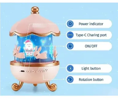 Bunny Carousel Night Light Projector Lamp for Kids | 360° Rotatable LED Cabin Night Lamp with 6 Film Shades | USB Powered Cute Bunny Design Bedside Lamp for Babies, Children, Girls, Nursery & Bedroom Decor thumbnail 3