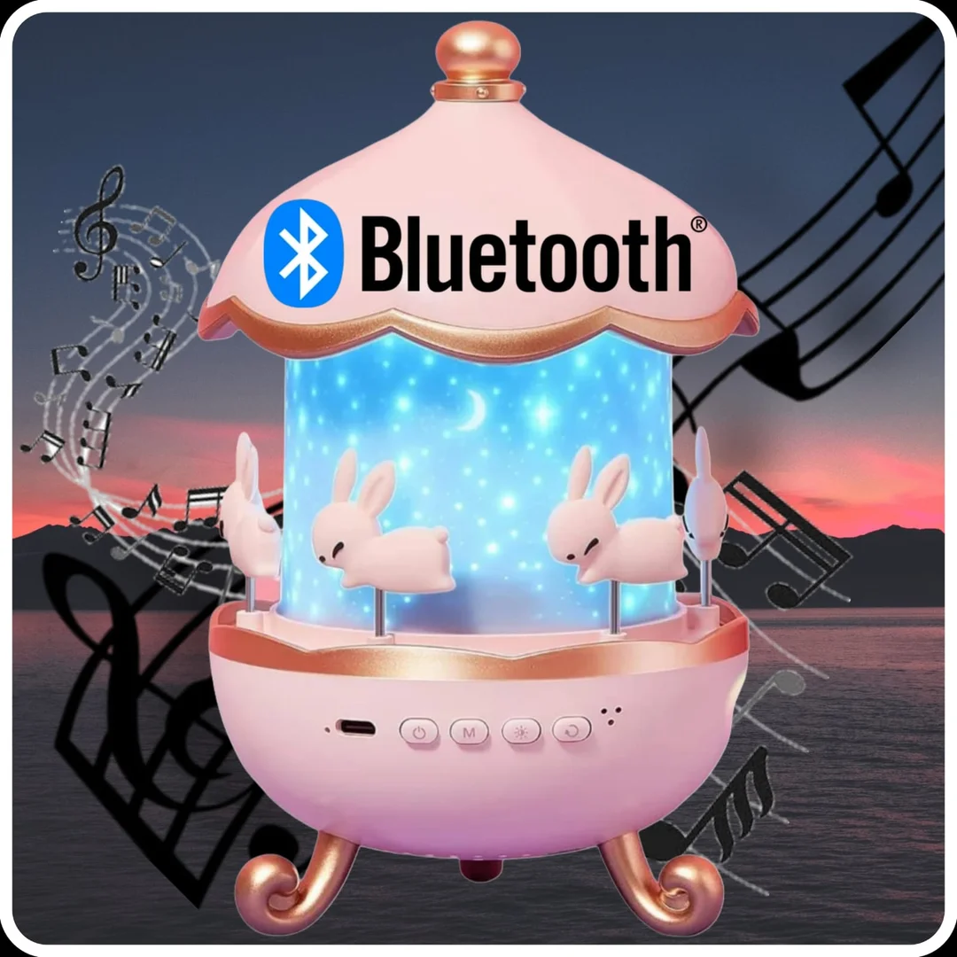 Bunny Carousel Night Light Projector Lamp for Kids | 360° Rotatable LED Cabin Night Lamp with 6 Film Shades | USB Powered Cute Bunny Design Bedside Lamp for Babies, Children, Girls, Nursery & Bedroom Decor image 1