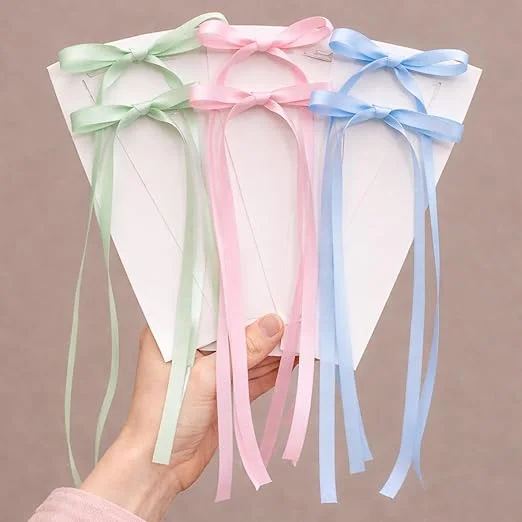 Pastel Satin Ribbon Hair Bow Clip for Girls Women Long Tail Bow Hair Accessory Pink Blue Green Bridal Party Hair Clip Decorative Ribbon Bow Hair Pin image 1