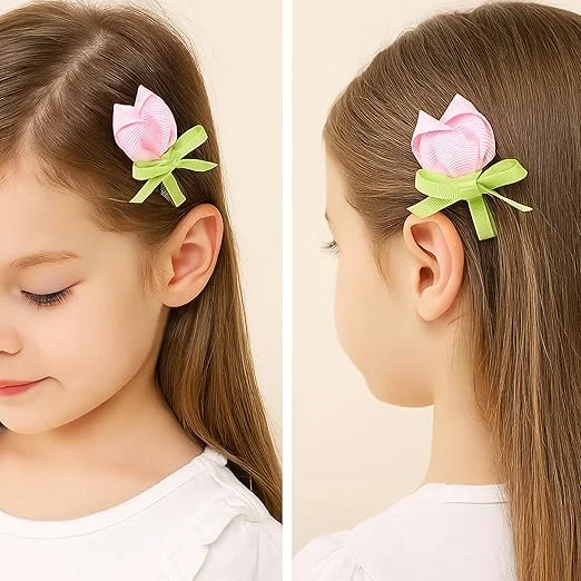 Cute Pink Ribbon Flower Hair Clips for Girls Double Bow Hairpins with Green Knot Ribbon Alligator Clips Toddler Baby Hair Accessories Floral Hair Bows Pair image 2