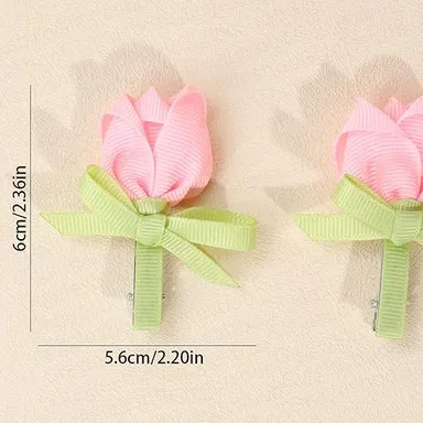 Cute Pink Ribbon Flower Hair Clips for Girls Double Bow Hairpins with Green Knot Ribbon Alligator Clips Toddler Baby Hair Accessories Floral Hair Bows Pair thumbnail 2
