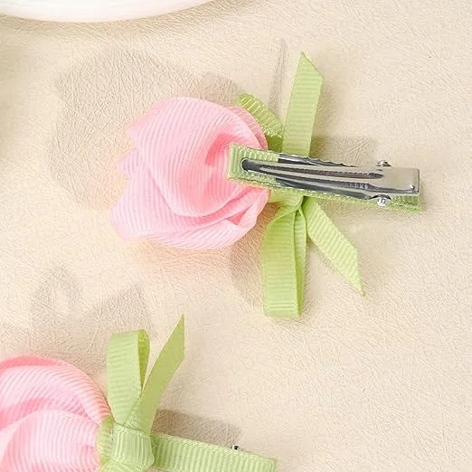 Cute Pink Ribbon Flower Hair Clips for Girls Double Bow Hairpins with Green Knot Ribbon Alligator Clips Toddler Baby Hair Accessories Floral Hair Bows Pair image 4